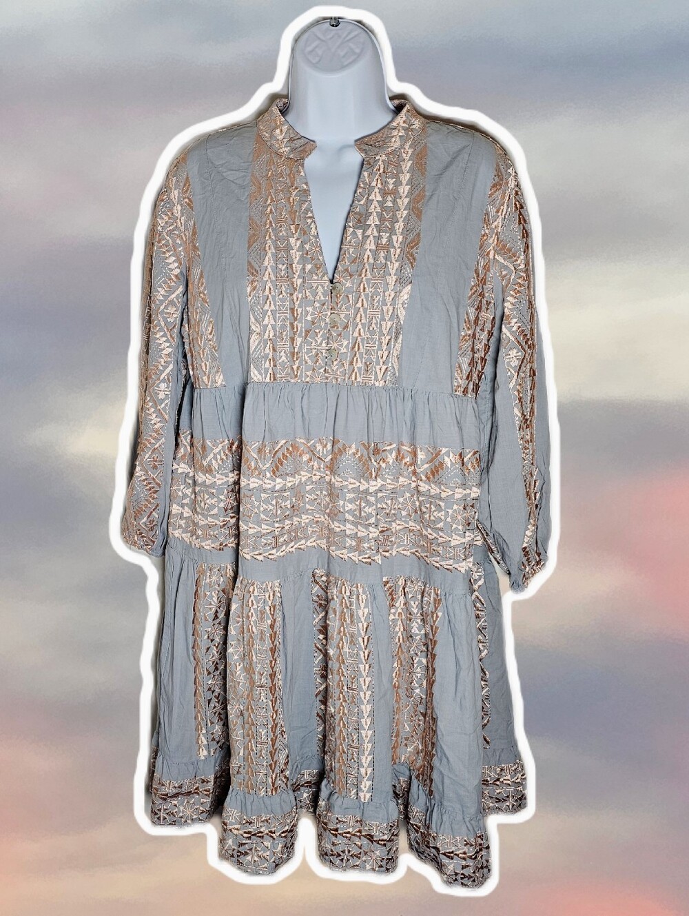 Greek Archaic Kori Embroidered Tiered Boho Dress L
